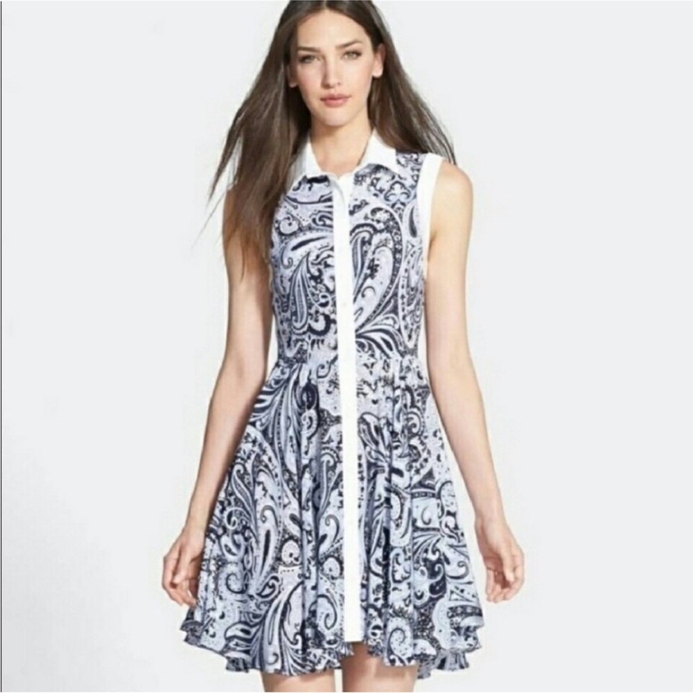 TRINA TURK ALLYSON PAISLEY SILK SLEEVELESS BLUE WHITE COLLARED SHIRT DRESS 10